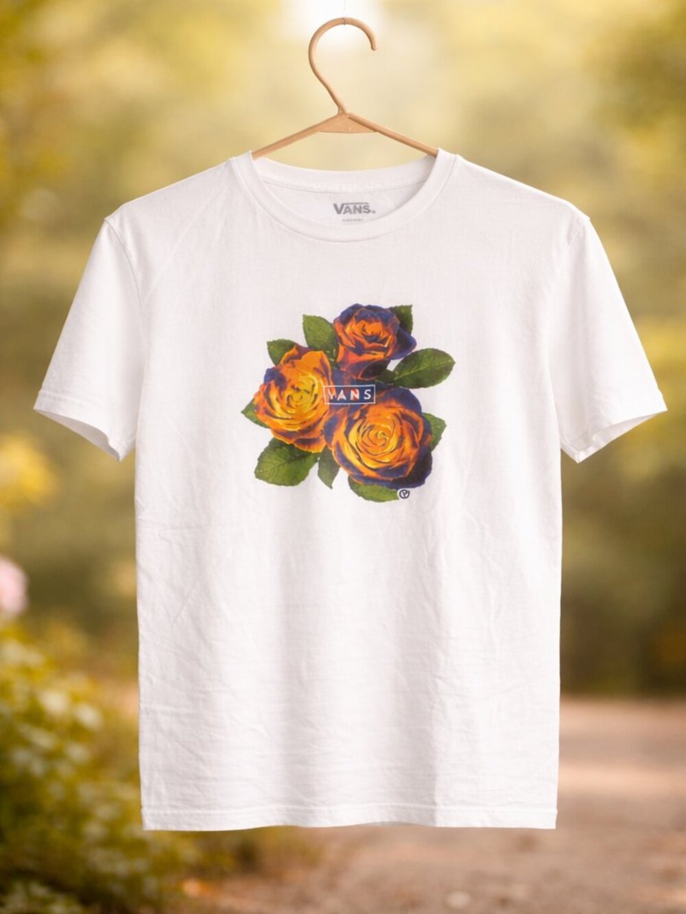 Vans Womens Small T-Shirt Classic Fit White With Orange Blue Rose Floral Graphic